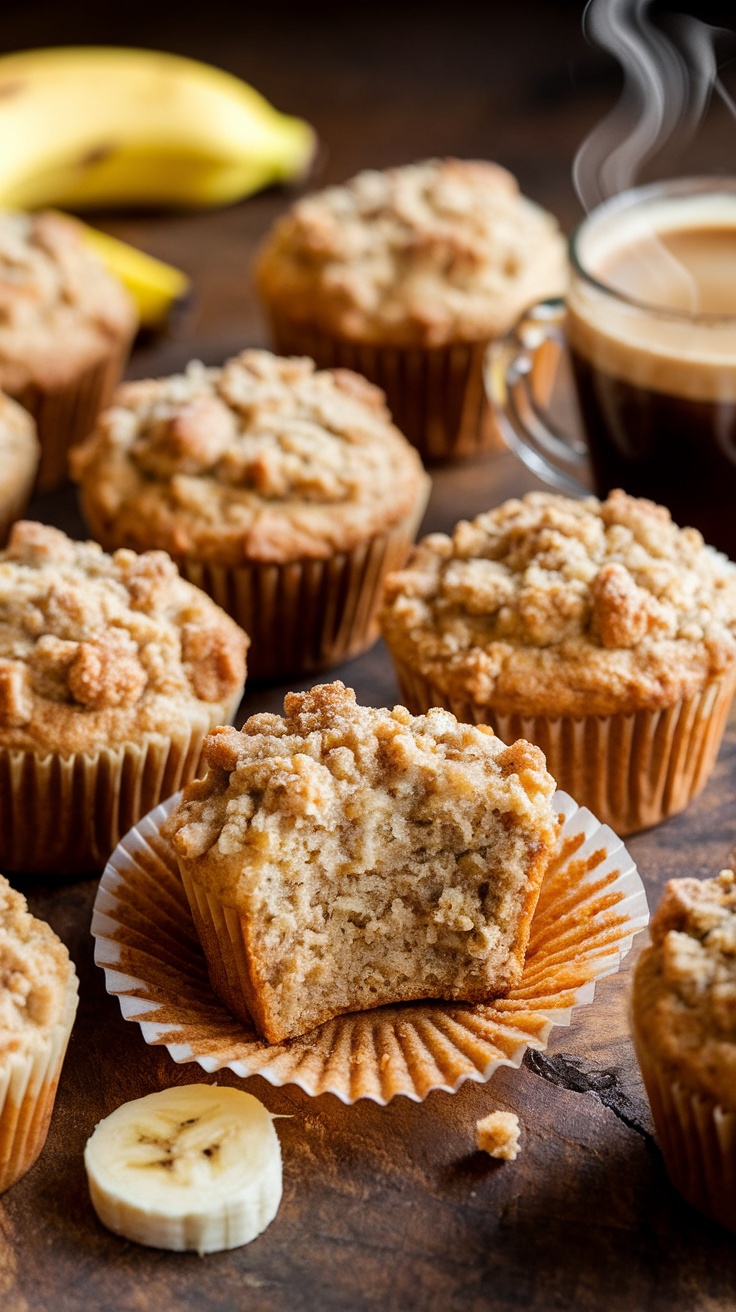 A tray of golden-brown Banana Bread Muffins with streusel topping, surrounded by banana slices and a cup of coffee.